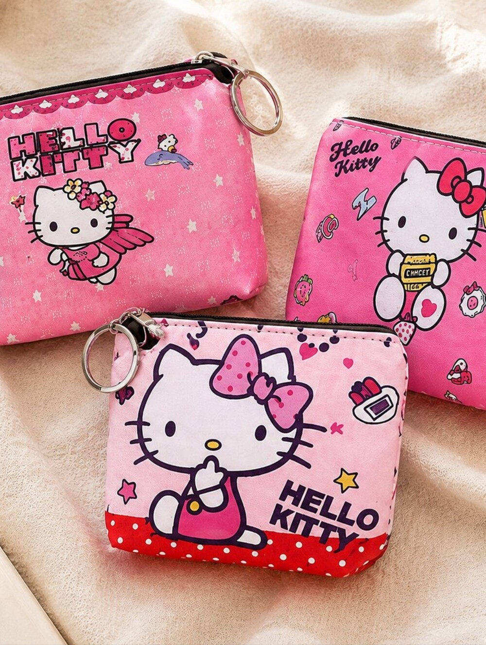 NWT Hello Kitty 3-Piece Mini Pouch Set Kawaii Zippered Coin Purse Sz 4.5" L